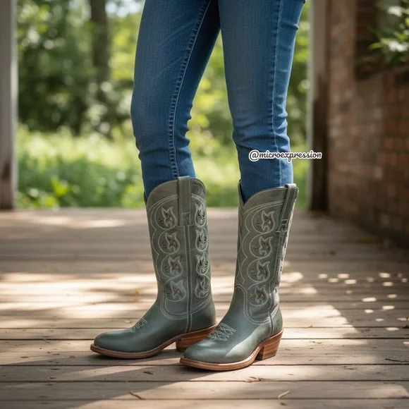 VINTAGE 1980 Frye Austin Campus Green-Blue Leather Floral Embroider Cowboy Boot - Picture 4 of 16